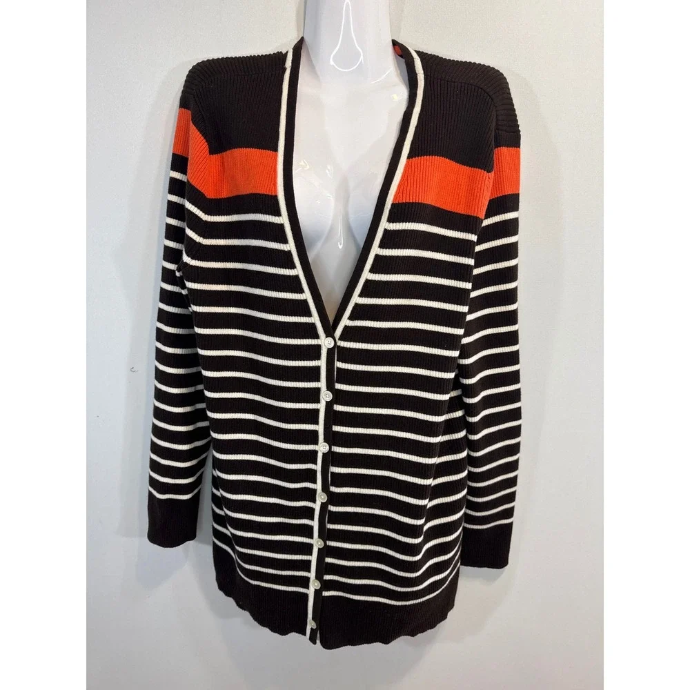 Lauren Ralph Lauren Striped Cardigan Sweater Brown Orange White Women's Large‎